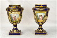 Pr Sevres Blue Jeweled Vases