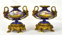 Pr Sevres Urns w Bronze Swan Handles