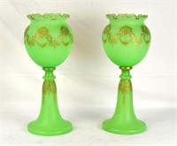 Pr French Gilt Green Glass Vases