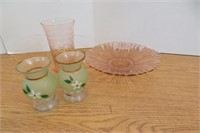 Vintage Pink Glassware & 2 Small Vases