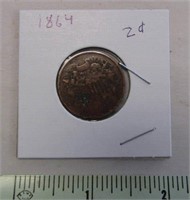 Very Rare 1864 US 2 Cent Coin, First Use of Motto