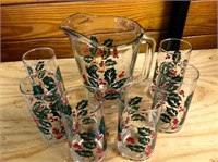 PITCHER & 6 GLASSES W/ GREEN LEAVES & RED BERRIES