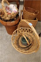 ASSORTED WICKER BASKETS, HOLIDAY FABRIC ETC.