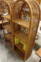 PAIR WICKER BOOKSHELVES AND VHS TAPES