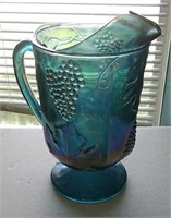 Carnival Glass Blue Pitcher W/ Grape Motif