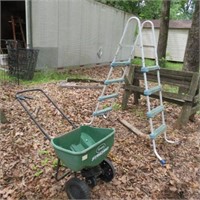 SCOTTS SEEDER/ POOL LADDER/ 2 SAW HORSES