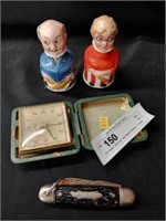 (2) Early German Ink Well Bottles, Travel Clock,