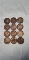 12 Indian Head Pennies - Various Dates
