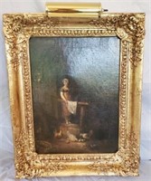 19th Century Gold Gilded Frame Oil Canvas Painting