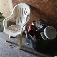 PLASTIC CHAIR & BASKET OF MISC