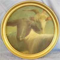 Vintage Round Oil on Canvas Painting of Goats