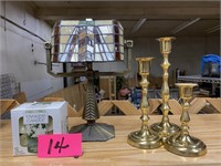 BRASS CANDLE STICKS - PARTYLITE STAINED GLASS LAMP