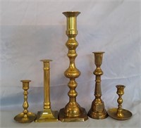 Estate Lot of 5 Vintage brass candle sticks