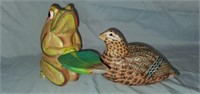 Pair of Handpainted Wood Carved Frog & Pheasant