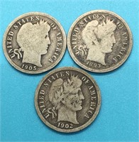 (3) Barber Dimes 90% Silver Type Coins
