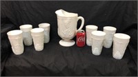 Vintage milk glass pitcher and 8 tumblers in the