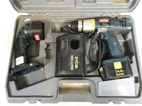 Ryobi cordless tool set with charger in case,