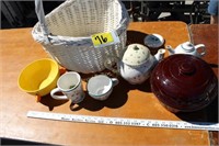 Vintage USA stoneware bowl, tea pots,wicker basket