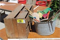 Wooden crate, galvanized bucket, garden decor