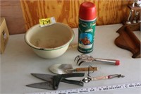 Enamel bowl, vintage angler thermos &