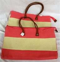 Pair of Striped Straw Coral Totes