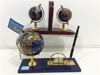 Gemstone Globe Desk Clock/Pen Set and Pair of