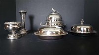 ANTIQUE SILVER PLATE BUTTER DISHES + VASES