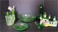 GREEN DEPRESSION GLASS BOWL + GREEN GLASS PIECES