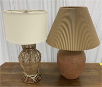 Table Lamps, 27” H ceramic and 26” H wicker.