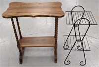 Wood Side Table @ 28" H & Wrought Iron Plant