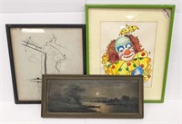 Art Lot incl Signed Trombone Player Ink Drawing