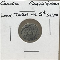 Love token on Canada 5c Victorian Silver