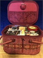 VERY NICE SEWING BASKET FULL OF MATERIALS