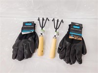 (2) Gardening Hand Rakes and (2) Large Gloves
