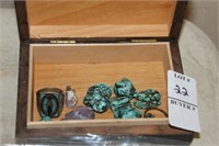 BOX WITH TURQUOISE NUGGETS RINGS AND OTHER