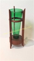 Green Glass & Wooden Vase - MCM Vase