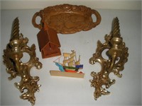 Syroco Candle Sconces  and Wooden Nut Bowl