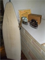 Metal Ironing Board, Covers and 2 Irons
