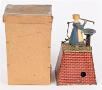 GERMAN TIN CLOCKWORK GIRL BLOWING BUBBLES w/ BOX