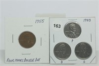 1943 P,D,S Lincoln Steel Cents & 1955 Poor Mans