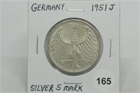 1951-J Silver German 5 Mark