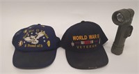 Lot of WWII Veteran Hats & WWII Flashlight