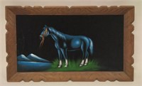 Vintage 1970's Black Velvet Horse Painting