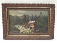 Vintage Log Cabin Scenery Painting Piece