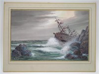 1974 W A Krusoe Shipwreck Acrylic Painting