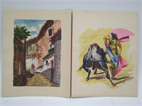 Lot of 2 Mexican Style Watercolor Paintings