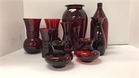 Ruby glass (6) vases, (1) bottle