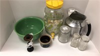 1930's tea/salt.pepper, sweet tea jar, green bowl,