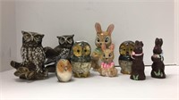 (5) owl figures, (4) rabbit figures