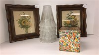 (5) chandelier glass lamp shades (1) floral tin